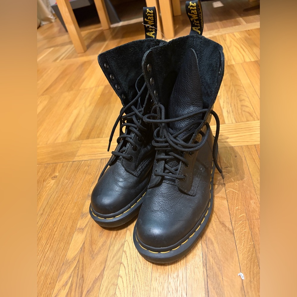 Dr. Martens Black Lace-Up Leather Boots with Yellow Stitch Detail